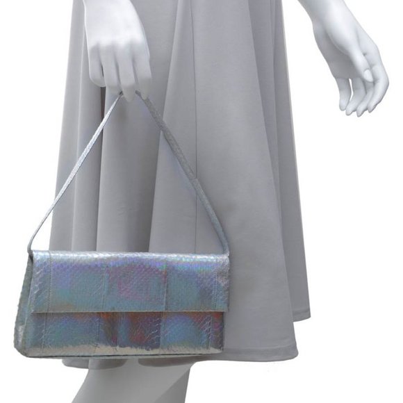 Auth Brand New Nancy Gonzalez GENUINE PYTHON silver mirror Gotham clutch + strap - Picture 2 of 14